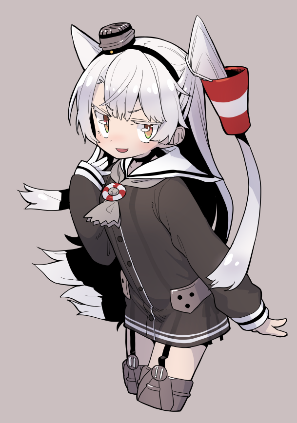 1girl amatsukaze_(kantai_collection) bangs black_panties blush cropped_legs dress eyebrows_visible_through_hair gloves grey_background hair_tubes hairband kantai_collection long_hair long_sleeves monaka_ooji open_mouth orange_eyes panties sailor_collar sailor_dress see-through side-tie_panties silver_hair simple_background single_glove solo two_side_up underwear white_gloves