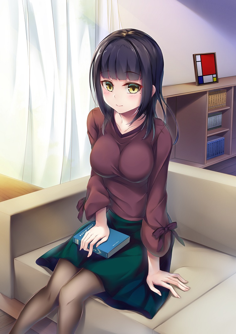 1girl bangs black_hair black_legwear blush book bookshelf breasts brown_eyes brown_shirt closed_mouth commentary_request couch curtains eyebrows_visible_through_hair feet_out_of_frame green_skirt hinoka_(allen) indoors long_hair long_sleeves medium_breasts mole mole_under_eye nail_polish on_couch original pantyhose pink_nails shirt sitting skirt solo