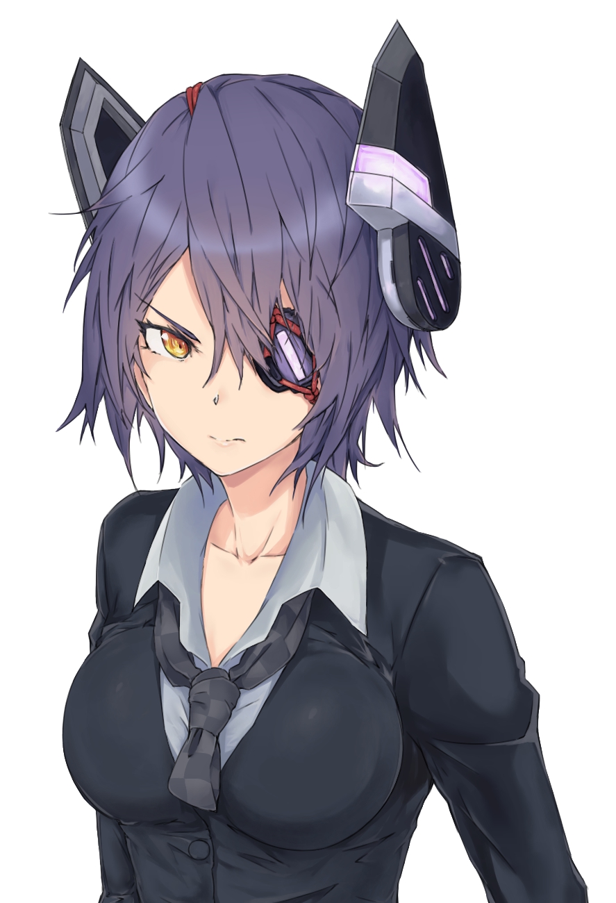 1girl black_jacket blush breasts checkered checkered_neckwear eyepatch headgear highres jacket kantai_collection kuro_kwpx7528 large_breasts long_sleeves looking_at_viewer necktie purple_hair school_uniform short_hair simple_background smile solo tenryuu_(kantai_collection) white_background yellow_eyes