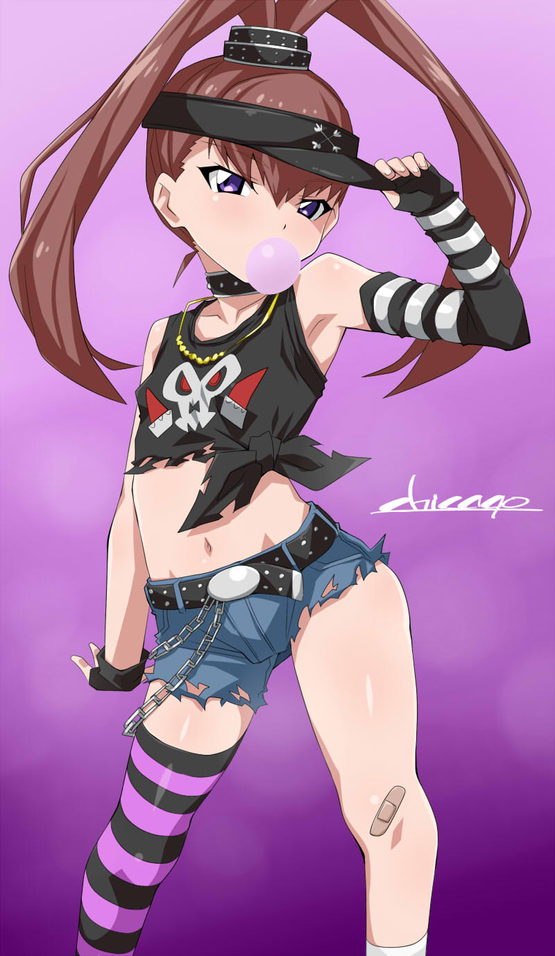 1girl amano_nene arm_up armpits artist_name asymmetrical_gloves bandaid bandaid_on_knee bangs bare_shoulders belt belt_buckle black_belt black_gloves black_headwear black_tank_top blue_shorts blush breasts brown_hair bubble_blowing buckle chain chewing_gum chicago-x commentary_request crop_top denim denim_shorts digimon digimon_xros_wars elbow_gloves eyebrows_visible_through_hair fingerless_gloves gloves hair_between_eyes hand_on_headwear high_ponytail highres long_hair looking_at_viewer midriff navel short_shorts shorts signature single_elbow_glove single_thighhigh small_breasts solo split_ponytail striped striped_legwear tank_top thigh-highs torn_clothes torn_shorts violet_eyes visor_cap