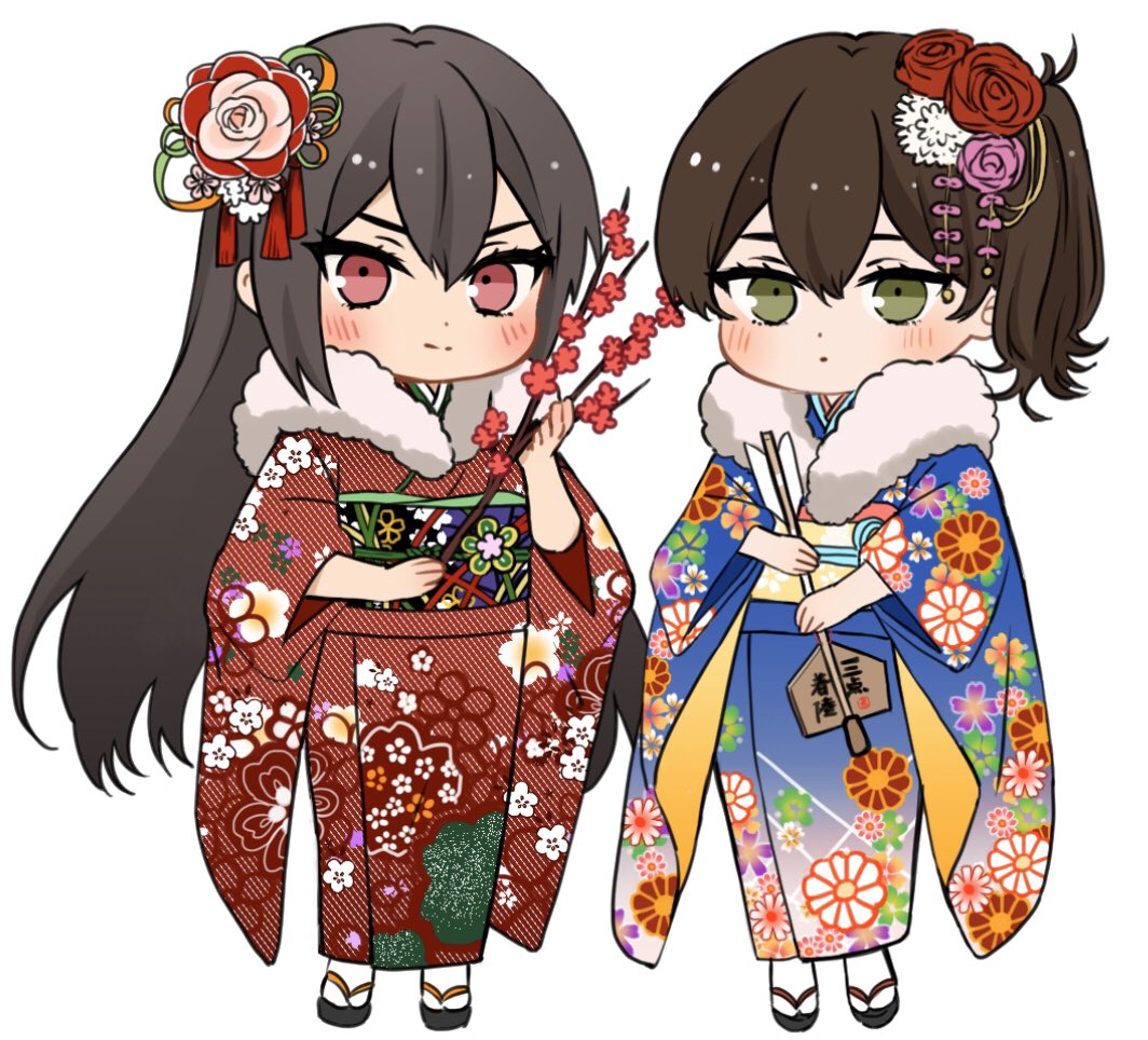 2girls arrow black_hair blue_kimono brown_eyes brown_hair chibi commentary_request ema floral_print flower fur-trimmed_kimono fur_trim furisode hair_flower hair_ornament hamaya japanese_clothes kaga_(kantai_collection) kantai_collection kimono long_hair looking_at_viewer machi_(ritovoyage) multiple_girls nagato_(kantai_collection) no_headgear print_kimono red_eyes red_kimono side_ponytail simple_background twig white_background