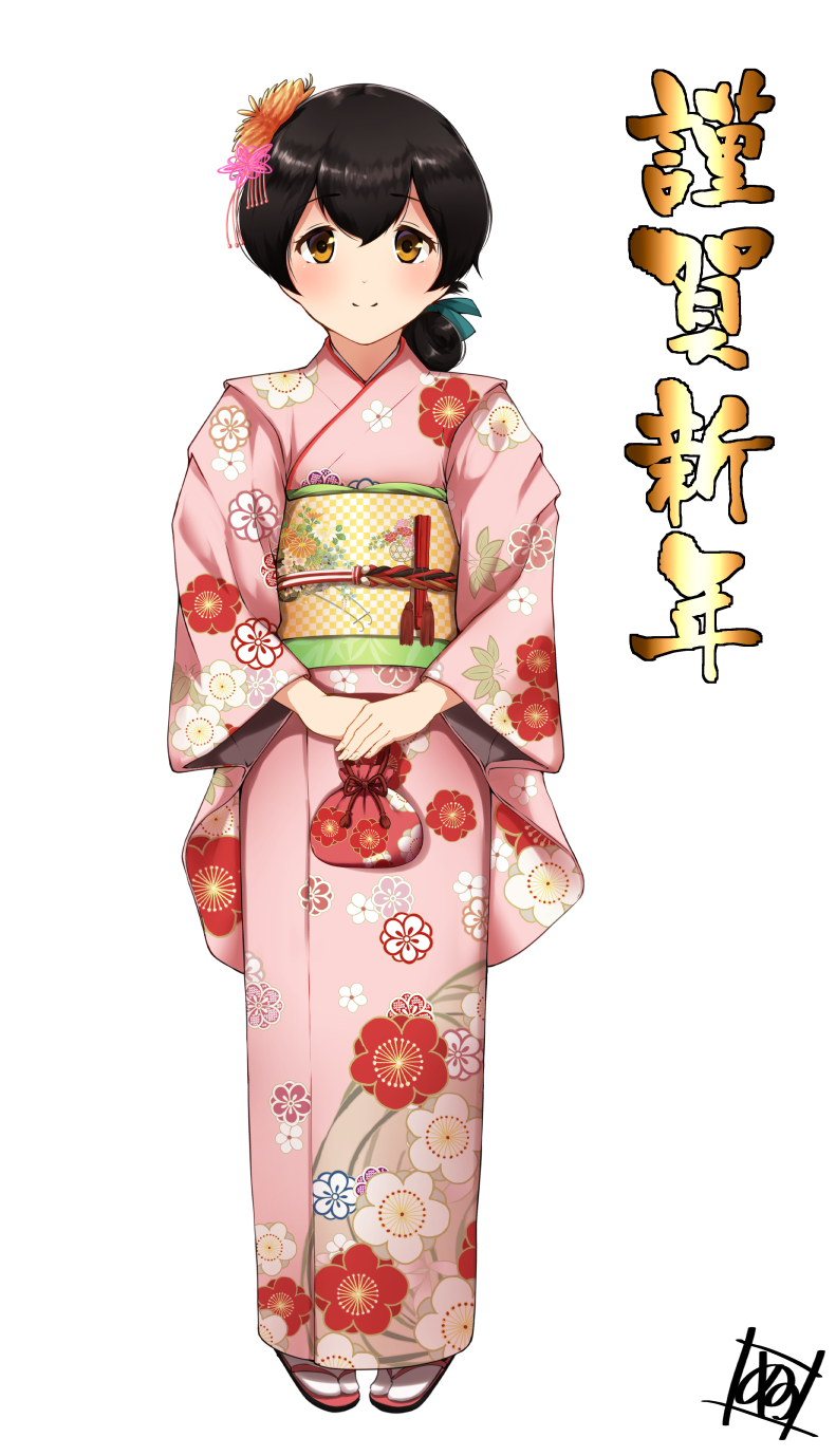 1girl alternate_costume alternate_hairstyle blush brown_eyes eyebrows_visible_through_hair floral_print flower furisode hair_between_eyes hair_flower hair_ornament highres japanese_clothes kantai_collection kasuga_maru_(kantai_collection) kimono long_hair looking_at_viewer nori_senbei_(norisenbei_1) obi sash simple_background smile solo taiyou_(kantai_collection) white_background