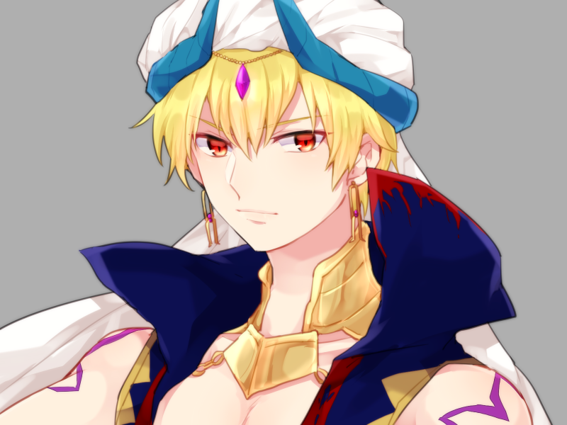 1boy arabian_clothes bare_shoulders blonde_hair body_markings earrings fate/grand_order fate_(series) gilgamesh gilgamesh_(caster)_(fate) jewelry male_focus monyoe red_eyes smile solo turban vest