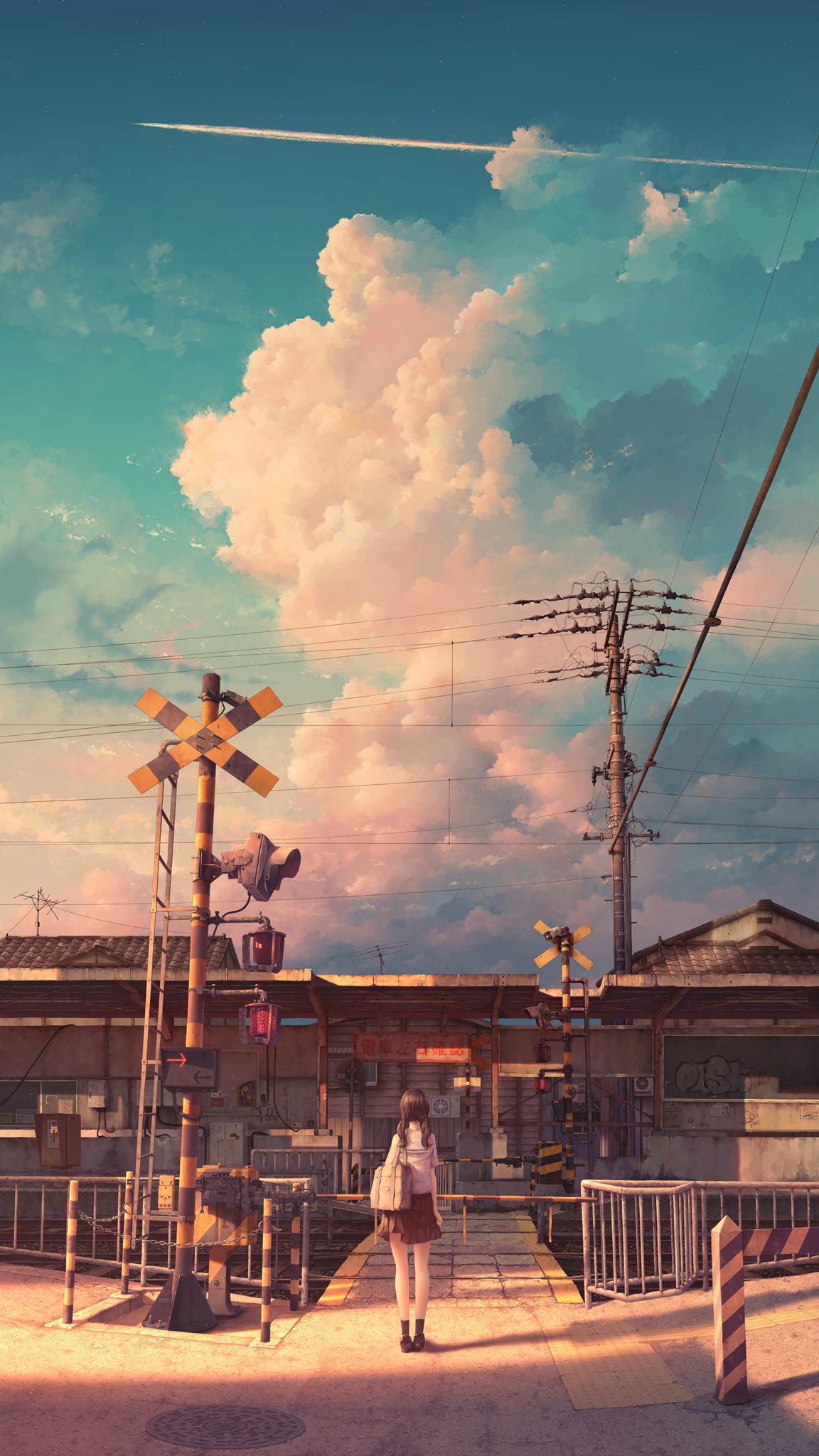 1girl bag blue_sky clouds cloudy_sky commentary_request condensation_trail facing_away from_behind highres long_hair low_twintails manhole_cover original outdoors pleated_skirt power_lines railroad_crossing railroad_signal scenery school_bag school_uniform serafuku shadow shirt skirt sky socks solo standing sunlight telephone_pole twintails white_shirt wide_shot winter_parasol