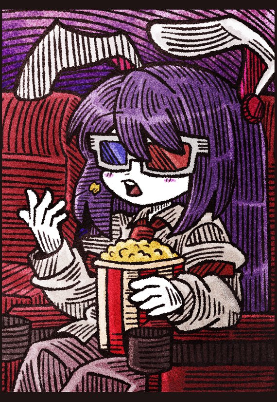 1girl 3d_glasses animal_ears blush_stickers food long_hair long_sleeves movie_theater necktie open_mouth popcorn purple_hair rabbit_ears red_neckwear reisen_udongein_inaba shirt sitting solo suenari_(peace) touhou upper_teeth white_shirt