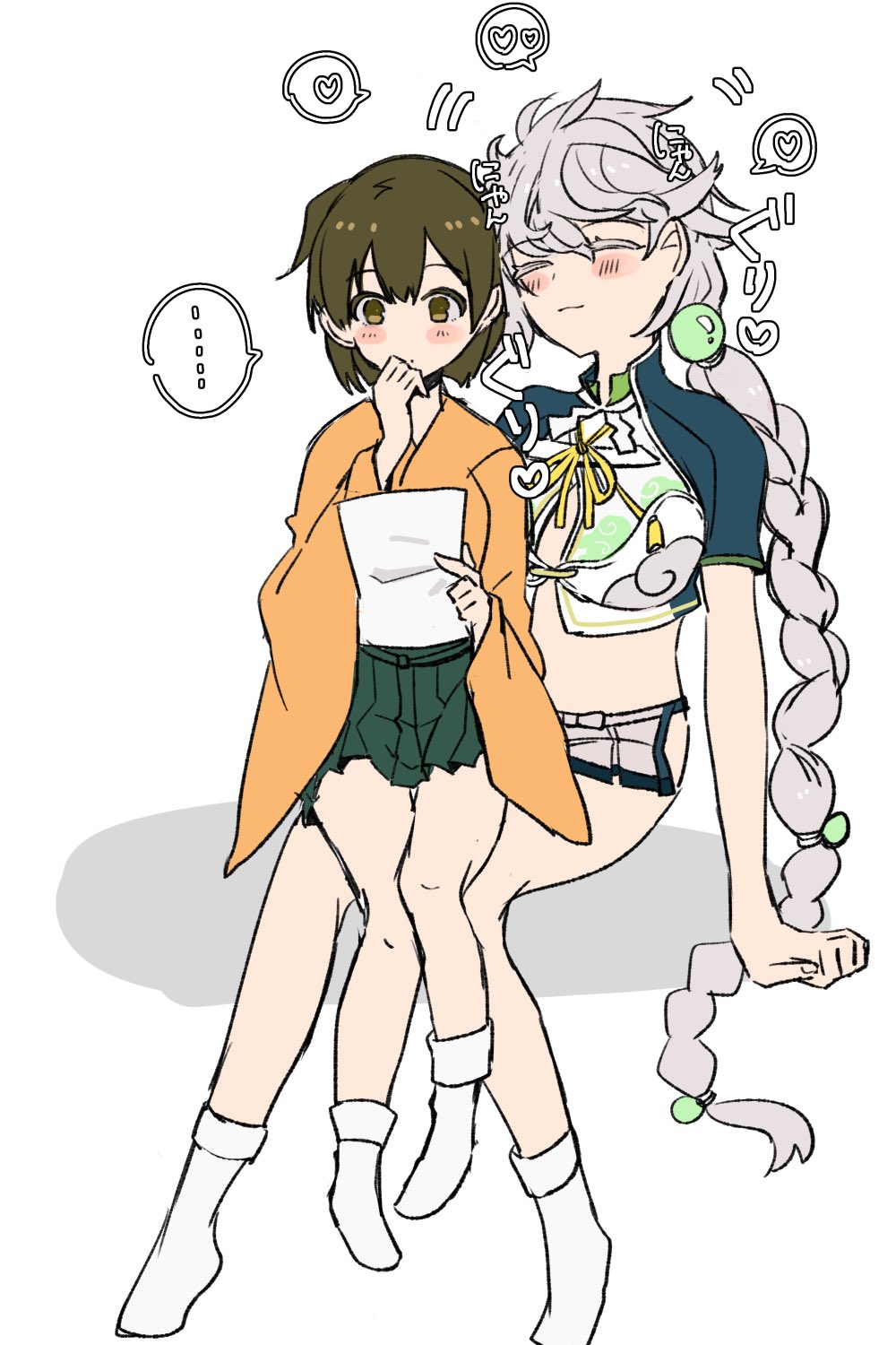 ... 2girls arm_support asymmetrical_bangs asymmetrical_hair bangs blush braid breasts brown_eyes brown_hair cleavage_cutout closed_eyes closed_mouth cloud_print commentary_request crop_top cuddling eyebrows_visible_through_hair fingernails fujisaki_(si_da) full_body furisode green_hakama hair_between_eyes hair_ornament hakama hakama_skirt heart highres hiryuu_(kantai_collection) holding holding_paper japanese_clothes kantai_collection kimono long_hair long_sleeves messy_hair microskirt midridd motion_lines multiple_girls neck_ribbon no_shoes orange_kimono paper pleated_skirt ribbon shide short_hair silver_hair simple_background single_braid sitting sitting_on_lap sitting_on_person skirt smile spoken_ellipsis spoken_heart tabi unryuu_(kantai_collection) very_long_hair white_background white_legwear wide_sleeves yellow_ribbon