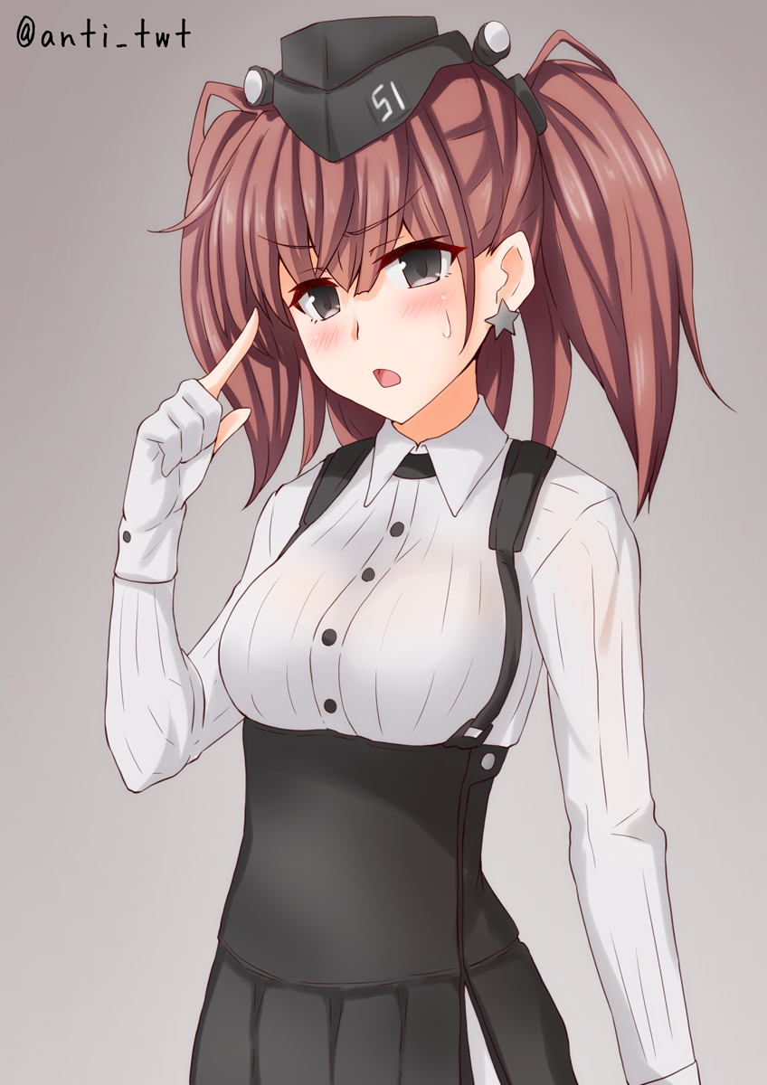 1girl :o anti_(untea9) atlanta_(kantai_collection) blush breasts brown_hair earrings eyebrows_visible_through_hair garrison_cap gloves grey_eyes hat high-waist_skirt highres index_finger_raised jewelry kantai_collection large_breasts long_sleeves looking_at_viewer partly_fingerless_gloves shirt skirt solo star star_earrings suspender_skirt suspenders twitter_username two_side_up upper_body white_gloves white_shirt