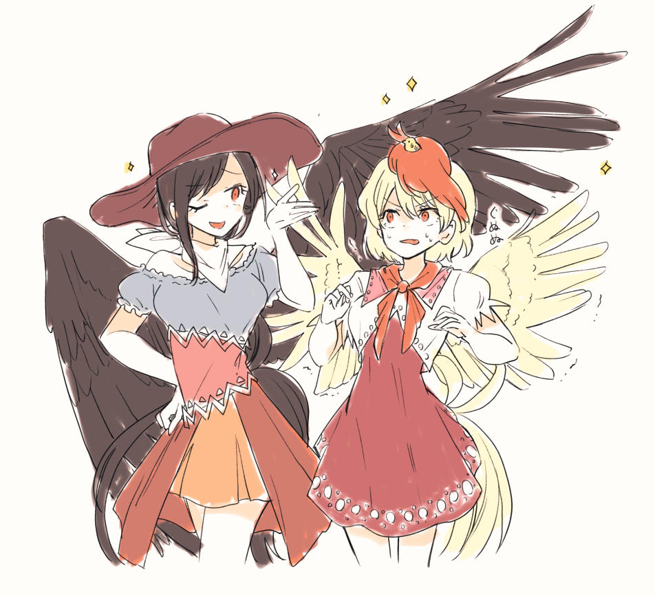 2girls ;d animal animal_on_head bird black_hair black_wings blonde_hair brown_headwear chick cowboy_hat cropped_legs dress feathered_wings gununu hand_on_hip hat hisona_(suaritesumi) kurokoma_saki long_hair multicolored_hair multicolored_shirt multiple_girls niwatari_kutaka on_head one_eye_closed open_mouth ponytail puffy_short_sleeves puffy_sleeves red_eyes redhead shirt short_dress short_sleeves simple_background smile sweat touhou trembling white_background white_shirt wings