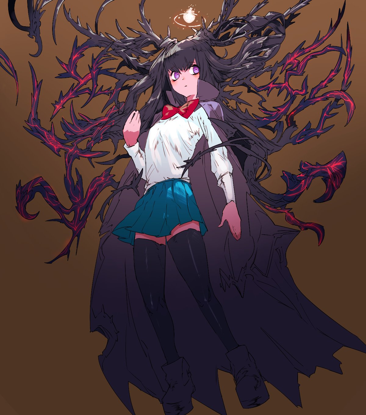 1girl 8tan black_legwear blue_skirt bow brown_background cape eyebrows_visible_through_hair glowing gradient gradient_background halloween highres living_hair long_hair original red_bow red_neckwear sketch skirt solo thigh-highs throne violet_eyes
