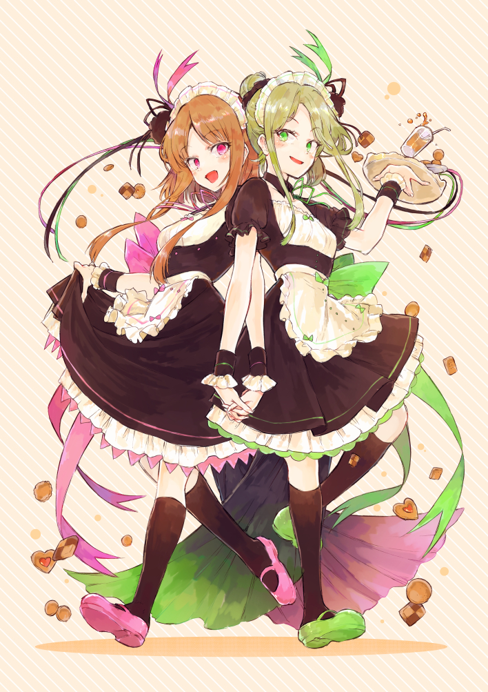 2girls alternate_costume apron beige_background black_legwear breasts brown_hair cookie cup drinking_glass enmaided food full_body green_eyes green_footwear green_hair hand_up heart hisona_(suaritesumi) holding_hands interlocked_fingers kneehighs looking_at_viewer maid maid_headdress multiple_girls nishida_satono open_mouth pink_eyes pink_footwear puffy_short_sleeves puffy_sleeves shoes short_hair_with_long_locks short_sleeves sidelocks small_breasts smile spilling standing striped striped_background teireida_mai touhou tray waist_apron wrist_cuffs