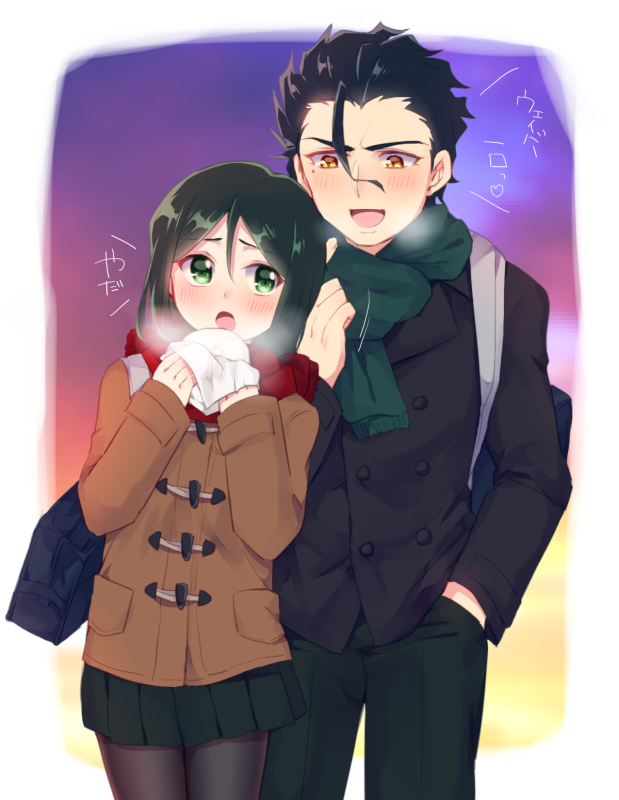 1boy 1girl bangs baozi black_hair black_legwear blush bob_cut breath brother_and_sister eating fate/zero fate_(series) food genderswap genderswap_(mtf) green_eyes green_hair hair_between_eyes hand_in_pocket jacket lancer_(fate/zero) mole monyoe pantyhose parted_bangs scarf sensha_otoko siblings waver_velvet yellow_eyes