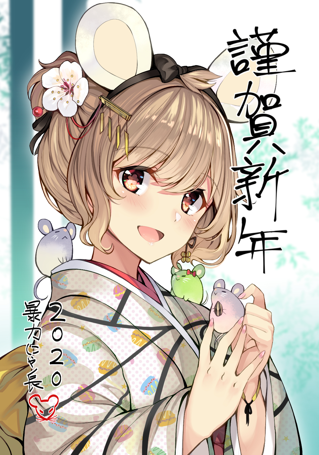 1girl :d animal_ears apricot_(flower_knight_girl) black_bow blush bow brown_eyes brown_hair chinese_zodiac dreamlight2000 flower flower_knight_girl hair_bow hair_flower hair_ornament highres japanese_clothes kimono looking_at_viewer mouse mouse_ears nengajou new_year open_mouth print_kimono short_hair smile solo symbol-shaped_pupils upper_body year_of_the_rat