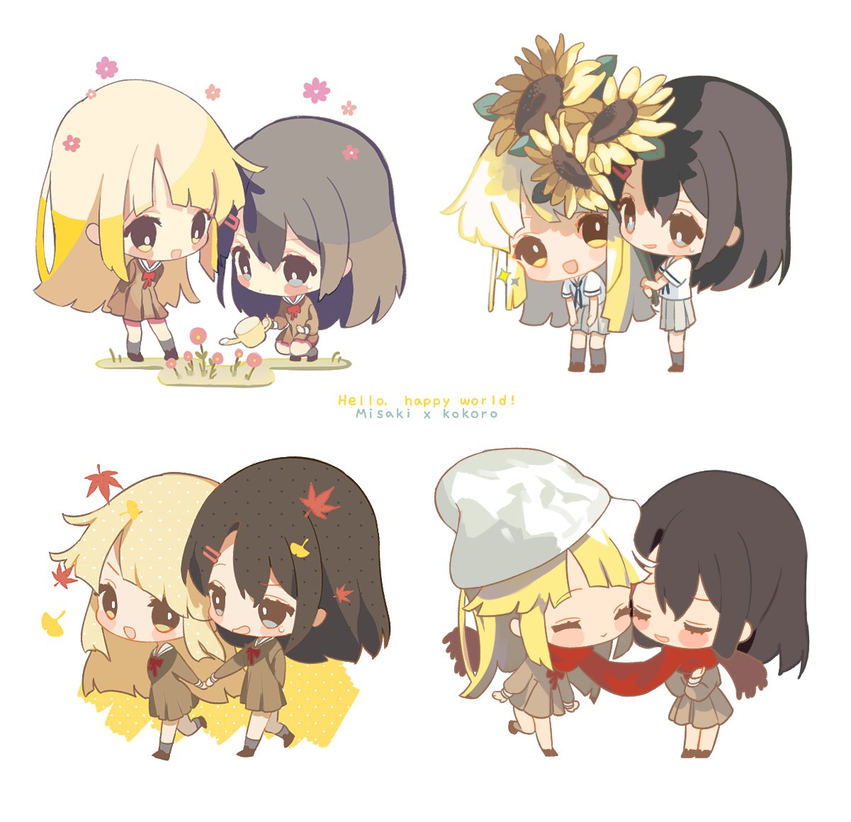 2girls :d bang_dream! bangs big_head black_footwear black_hair blonde_hair blue_eyes blush_stickers brown_dress brown_skirt character_name chibi closed_eyes closed_mouth commentary_request dress english_text eyebrows_visible_through_hair flower fringe_trim grey_legwear group_name hair_between_eyes hair_ornament hairclip hello_happy_world! holding holding_flower holding_hands leaning_forward long_hair long_sleeves multiple_girls okusawa_misaki open_mouth pleated_dress pleated_skirt red_flower red_scarf sailor_collar sailor_dress scarf school_uniform serafuku shared_scarf shirt shoes short_sleeves skirt smile socks sparkle squatting sweat tsurumaki_kokoro very_long_hair watering_can white_background white_sailor_collar white_shirt yellow_eyes yoteng