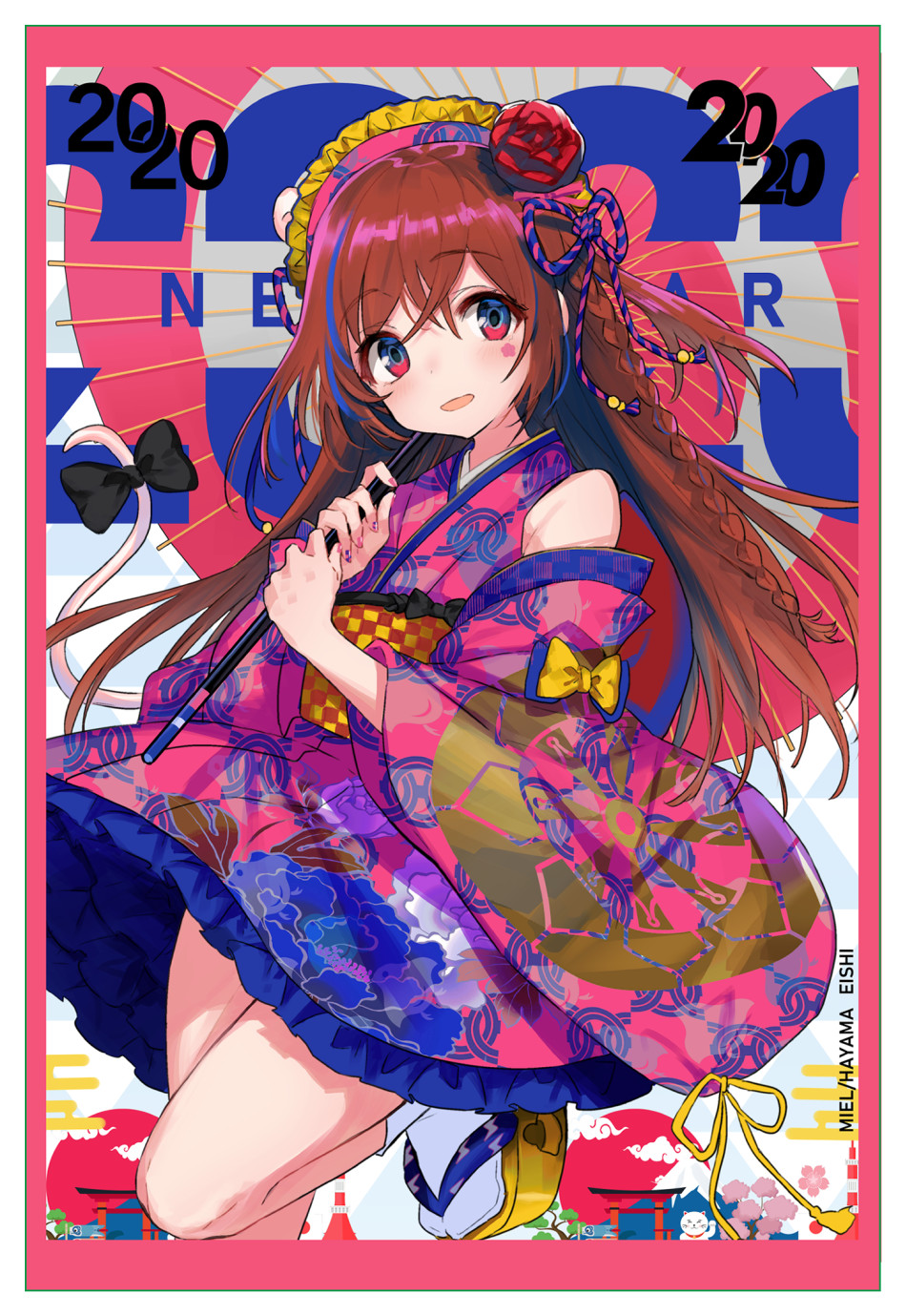 1girl 2020 animal_ears artist_name bangs bare_shoulders black_bow blush border bow braid brown_hair chinese_zodiac commentary_request detached_sleeves egasumi eyebrows_visible_through_hair facial_mark floral_print flower frilled_kimono frills hair_between_eyes hair_flower hair_ornament hayama_eishi highres holding holding_umbrella japanese_clothes kimono long_hair long_sleeves looking_at_viewer mouse_ears mouse_girl mouse_tail open_mouth oriental_umbrella original pink_border pink_kimono pink_sleeves platform_footwear print_kimono red_eyes red_flower red_rose rose sleeveless sleeveless_kimono socks solo tabi tail tail_bow umbrella very_long_hair white_legwear wide_sleeves year_of_the_rat yellow_footwear zouri