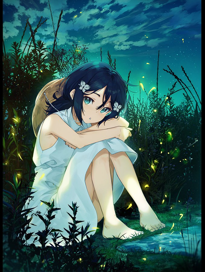 1girl armpit_crease armpits arms_on_knees bare_arms bare_shoulders barefoot black_hair blue_eyes butterfly_hair_ornament clouds commentary_request dress fireflies full_body grass hair_between_eyes hair_ornament hat hat_around_neck head_down knees_up long_hair looking_at_viewer nagu nature night on_ground original outdoors parted_lips pillarboxed plant sidelocks sitting sleeveless sleeveless_dress solo star_(sky) straw_hat sundress twilight water white_dress