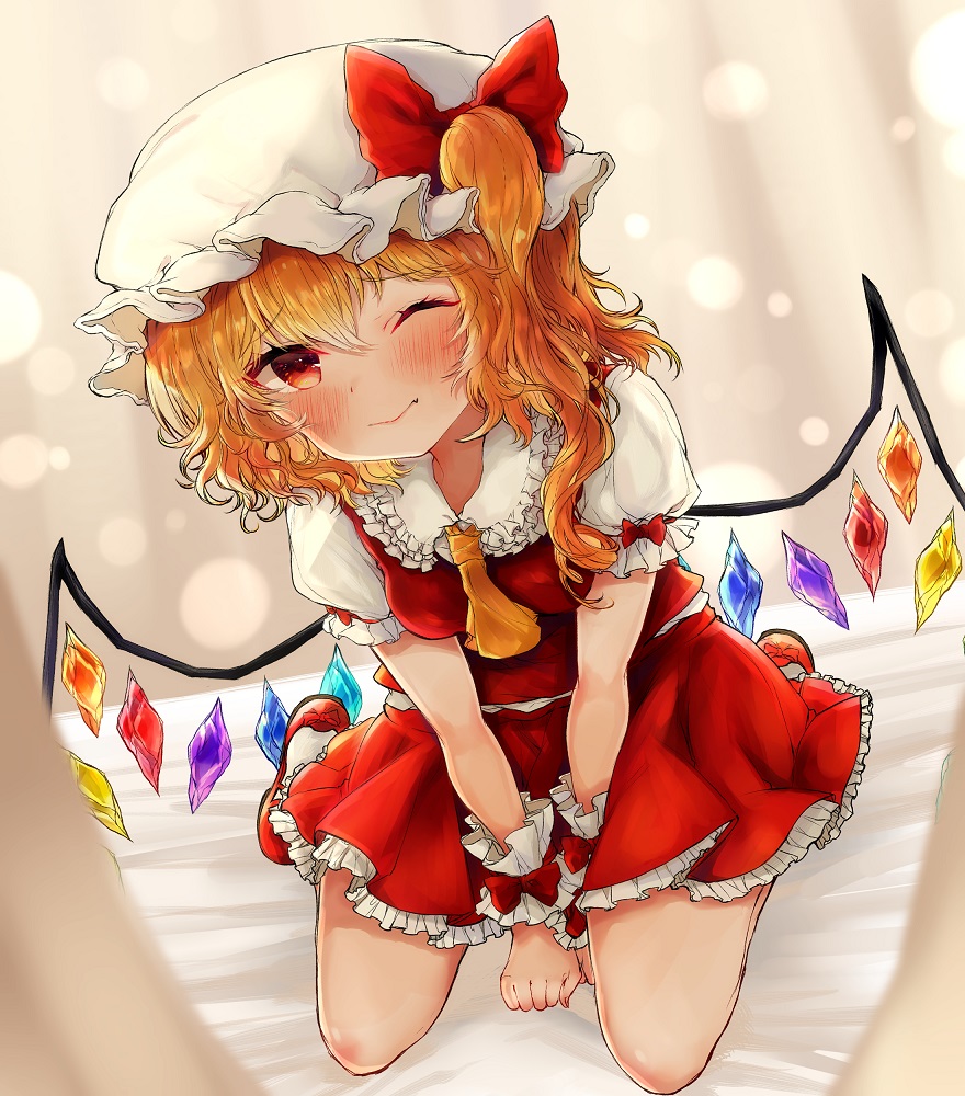 1girl ;) arm_support ascot bangs bed_sheet blonde_hair blush bow commentary_request crystal eyebrows_visible_through_hair fang fang_out flandre_scarlet frilled_shirt_collar frills hair_between_eyes hat hat_bow long_hair looking_at_viewer miniskirt mob_cap one_eye_closed one_side_up petticoat puffy_short_sleeves puffy_sleeves red_bow red_eyes red_footwear red_skirt red_vest seiza shirt shoes short_sleeves sitting skirt skirt_set smile socks solo thighs touhou v_arms vest white_headwear white_legwear white_shirt wings wrist_cuffs yellow_neckwear yuma_(yuuma_pants)