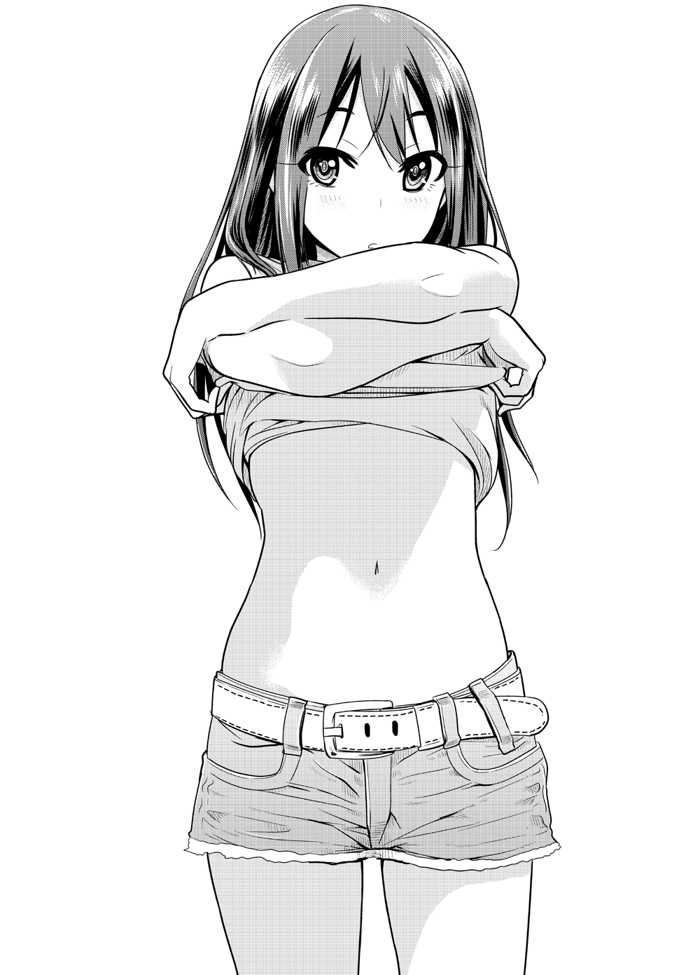 1girl belt highres idolmaster idolmaster_cinderella_girls kashiwagi_tatsuya long_hair monochrome navel shibuya_rin shorts sleeveless solo stomach undressing white_background