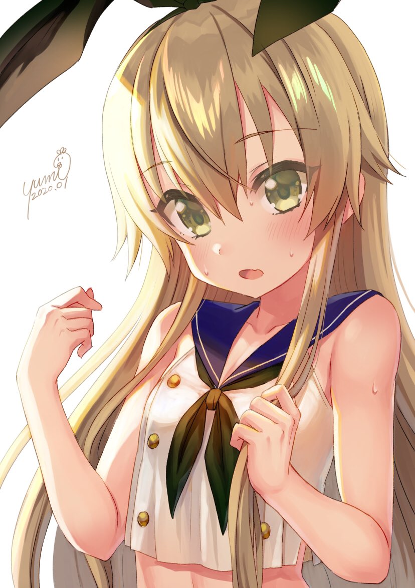 1other androgynous bangs black_neckwear blonde_hair blue_sailor_collar blush commentary_request dated eyebrows_visible_through_hair green_eyes hair_between_eyes hairband kantai_collection long_hair neckerchief open_mouth sailor_collar school_uniform serafuku shimakaze_(kantai_collection) sidelocks signature simple_background sleeveless solo sweat upper_body white_background yumi_yumi