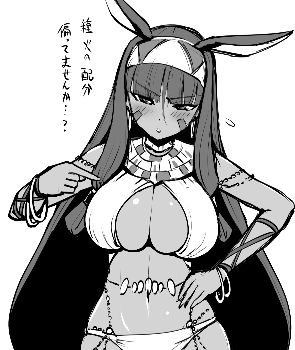 1girl animal_ears bangs blush breasts dark_skin earrings eyebrows_visible_through_hair facial_mark fate/grand_order fate_(series) greyscale hairband highres hoop_earrings jackal_ears jewelry kanno_takanori large_breasts long_hair monochrome nitocris_(fate/grand_order) nitocris_(swimsuit_assassin)_(fate) sidelocks simple_background solo translation_request very_long_hair white_background