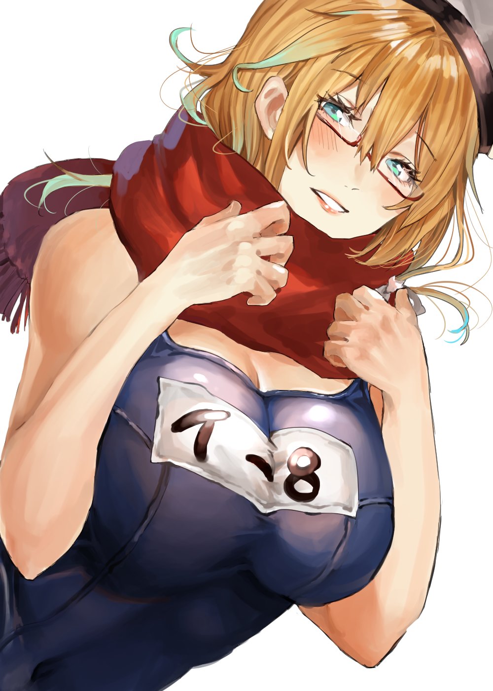 1girl amakaze blonde_hair blue_eyes breasts eyebrows_visible_through_hair glasses hair_between_eyes hair_ornament hair_ribbon hat highres i-8_(kantai_collection) kantai_collection large_breasts long_hair looking_at_viewer name_tag one-piece_swimsuit peaked_cap red-framed_eyewear red_scarf ribbon scarf school_swimsuit semi-rimless_eyewear smile solo swimsuit twintails under-rim_eyewear