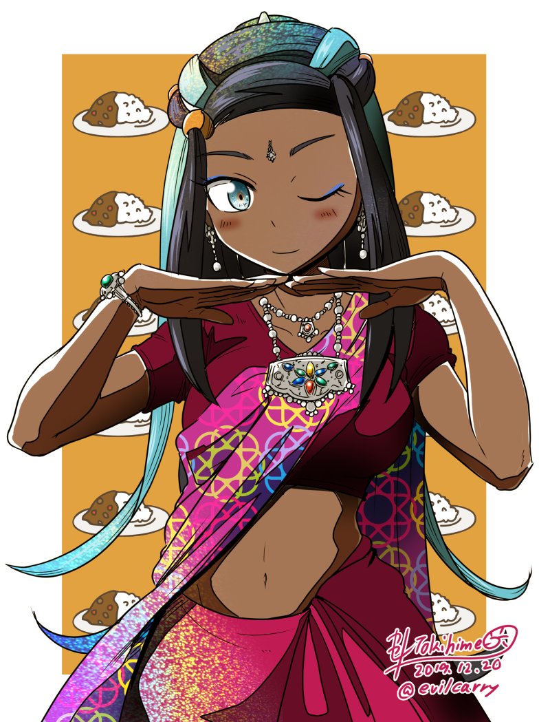 1girl artist_name bindi black_hair blue_eyes blue_eyeshadow blue_hair blush bracelet commentary_request cowboy_shot curry curry_rice dark_skin dated earrings eyeliner eyeshadow food gym_leader indian_clothes jewelry makeup midriff multicolored_hair navel necklace one_eye_closed pokemon pokemon_(game) pokemon_swsh rice rurina_(pokemon) sari signature solo tokihime_kaseki twitter_username two-tone_hair