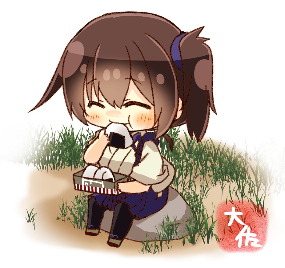 1girl artist_name black_legwear blue_hakama brown_eyes brown_hair chibi commentary_request eating food grass hakama hakama_skirt japanese_clothes kaga_(kantai_collection) kantai_collection onigiri pantyhose short_hair short_sidetail side_ponytail simple_background sitting smile solo taisa_(kari) tasuki white_background