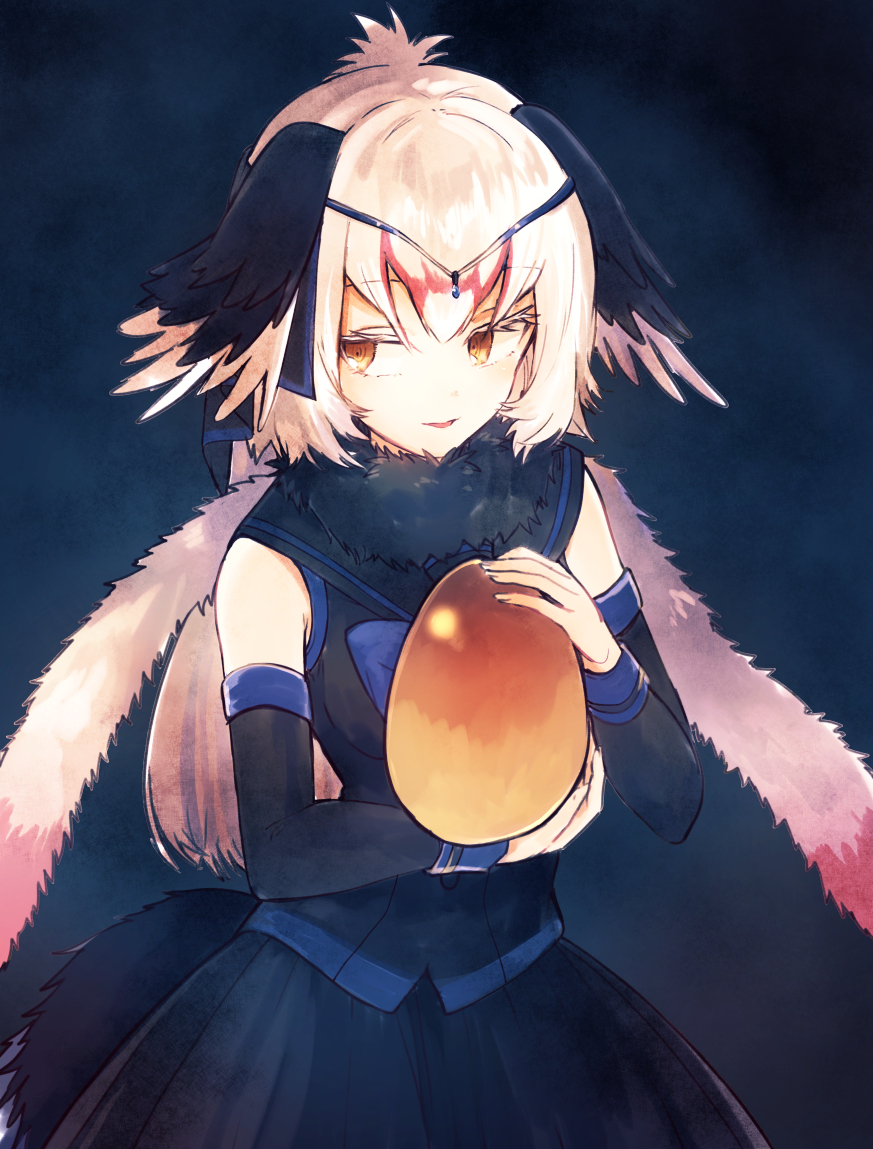 1girl animal_ears blue_background blue_shirt blue_skirt detached_sleeves egg facing_viewer forehead_jewel fur_collar hair_ribbon head_chain head_wings hisona_(suaritesumi) holding holding_egg long_hair looking_away orange_eyes original parted_lips ribbon shirt sideways_glance skirt skirt_set sleeveless sleeveless_shirt solo tail white_hair