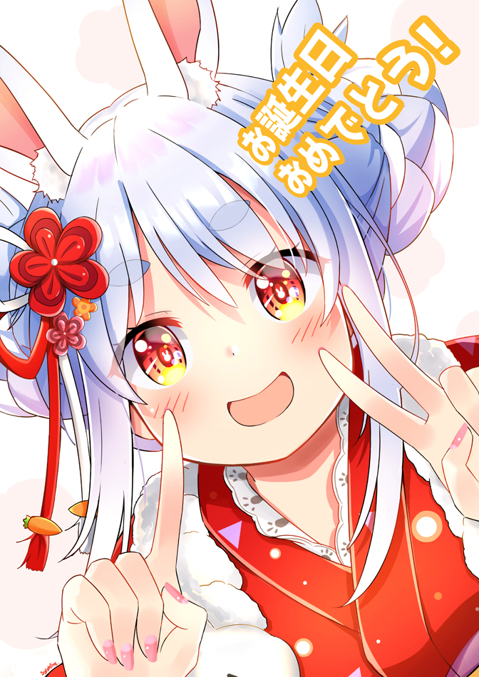 1girl :d animal_ear_fluff animal_ears artist_name bangs blue_hair blush bunny-shaped_pupils double_bun dutch_angle eyebrows_visible_through_hair flower hair_flower hair_ornament hair_ribbon hololive index_finger_raised japanese_clothes kimono long_hair looking_at_viewer multicolored multicolored_eyes multicolored_hair nail_polish open_mouth pink_nails print_kimono rabbit_ears red_eyes red_kimono ribbon short_eyebrows sidelocks signature smile solo sylphine symbol-shaped_pupils thick_eyebrows translation_request two-tone_hair upper_body usada_pekora v virtual_youtuber white_background white_hair yellow_eyes