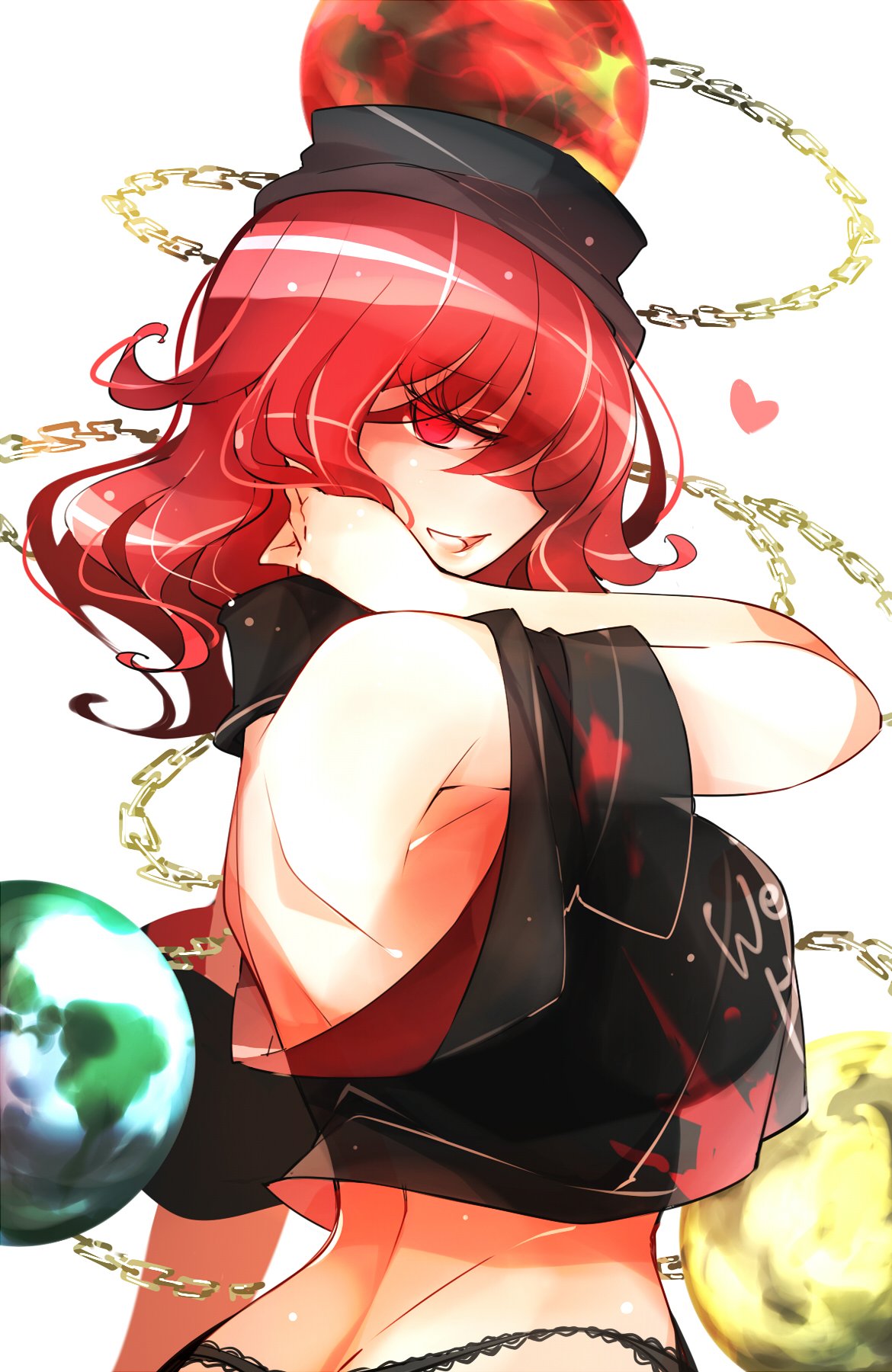1girl :d bangs bare_shoulders black_panties black_shirt breasts chain clothes_writing commentary_request crop_top earth_(ornament) eyebrows_visible_through_hair from_side hand_in_hair hand_up heart hecatia_lapislazuli highres large_breasts long_hair looking_at_viewer midriff moon_(ornament) off-shoulder_shirt off_shoulder open_mouth panties polos_crown profile raptor7 red_eyes redhead see-through_silhouette shirt short_sleeves simple_background smile solo touhou underwear upper_body white_background
