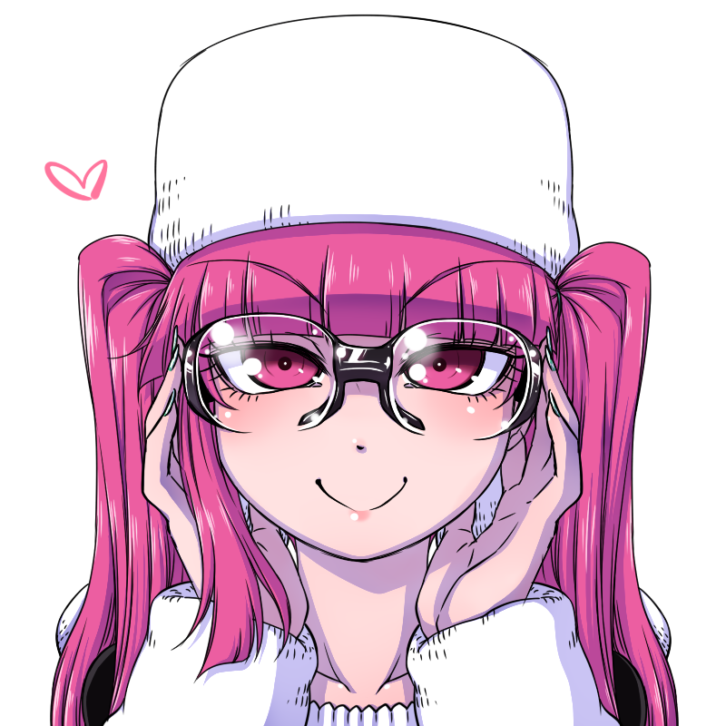 1girl bleach closed_mouth commentary_request dokugamine_riruka glasses hanya_(hanya_yashiki) hat long_hair looking_at_viewer nail_polish purple_hair simple_background smile solo twintails violet_eyes white_background