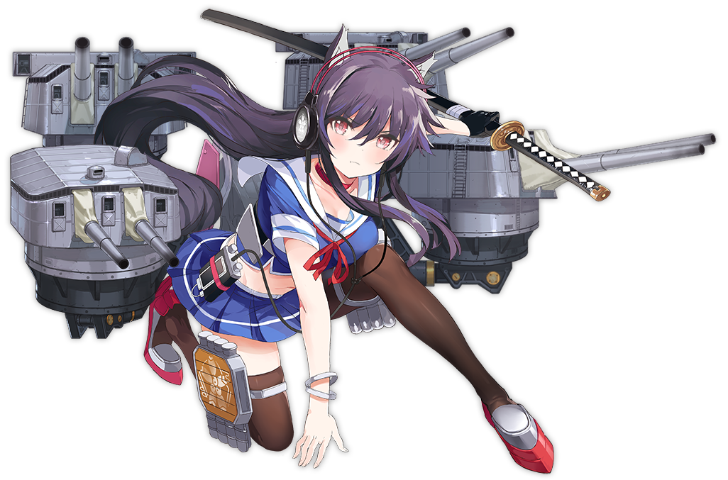 1girl animal_ears arm_support ashigara_(azur_lane) azur_lane bangle black_gloves blue_shirt blue_skirt blush bracelet breasts brown_legwear cable choker closed_mouth collarbone crop_top floating_hair frown full_body gloves headphones holding holding_sword holding_weapon jewelry katana large_breasts long_hair looking_at_viewer machinery midriff miniskirt navel official_art one_knee open_mouth purple_hair red_choker red_eyes rigging rudder_footwear sailor_collar school_uniform serafuku sheath sheathed shirt short_sleeves sidelocks skirt smile solo sword tetsujin_momoko thigh-highs torpedo_tubes transparent_background turret v-shaped_eyebrows very_long_hair weapon white_sailor_collar zettai_ryouiki