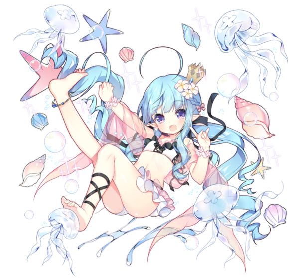 1girl :d \m/ ahoge anklet ark_order bangs bikini black_ribbon blue_hair bow braid conch crown earrings eyebrows_visible_through_hair fang flower frilled_bikini frills hair_bow hair_flower hair_ornament jellyfish jewelry leg_ribbon long_hair looking_at_viewer official_art open_mouth pink_bow pink_scrunchie pointy_ears ribbon scrunchie shell smile solo sparkle star star_earrings starfish swimsuit tachi-e transparent_background tsukimi_(xiaohuasan) twintails very_long_hair violet_eyes white_bikini white_flower wrist_scrunchie