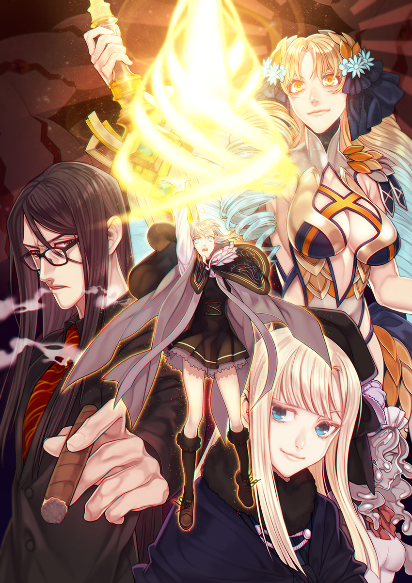 1boy 4girls astraea_(fate/grand_order) big_hair black_dress black_eyes black_hair blonde_hair blue_eyes boots cigar dress drill_hair fate_(series) glasses glowing gray_(lord_el-melloi_ii) grey_hair highres hood hood_up itoda_(spica) lord_el-melloi_ii lord_el-melloi_ii_case_files luviagelita_edelfelt multiple_girls no_legwear reines_el-melloi_archisorte rhongomyniad ringlets sidelocks spiral thigh-highs trimmau waver_velvet