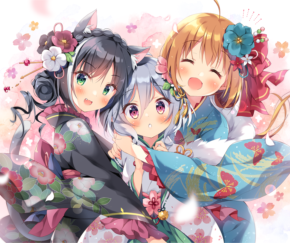 3girls :d ^_^ ahoge animal_ear_fluff animal_ears bangs bell black_flower black_hair black_kimono blue_flower blue_kimono blush brown_hair cat_ears cat_girl cat_tail closed_eyes commentary_request eyebrows_visible_through_hair floral_print flower girl_sandwich green_eyes green_hakama hair_between_eyes hair_flower hair_ornament hakama hug japanese_clothes jingle_bell kimono kokkoro_(princess_connect!) kyaru_(princess_connect) long_hair long_sleeves multicolored_hair multiple_girls open_mouth pan_(mimi) pecorine princess_connect! princess_connect!_re:dive print_kimono red_eyes red_flower sandwiched silver_hair smile streaked_hair tail very_long_hair white_flower white_hair white_kimono wide_sleeves