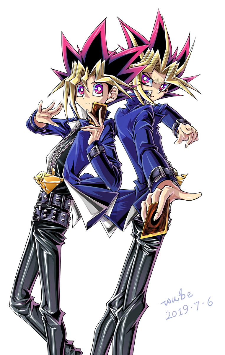 2boys black_pants black_shirt blue_jacket card chain closed_mouth highres holding holding_card jacket long_hair long_sleeves looking_at_viewer male_focus millennium_puzzle multicolored_hair multiple_boys mutou_yuugi open_clothes open_jacket pants red_eyes shiny shiny_clothes shirt simple_background smile spiky_hair white_background wube yami_yuugi yuu-gi-ou