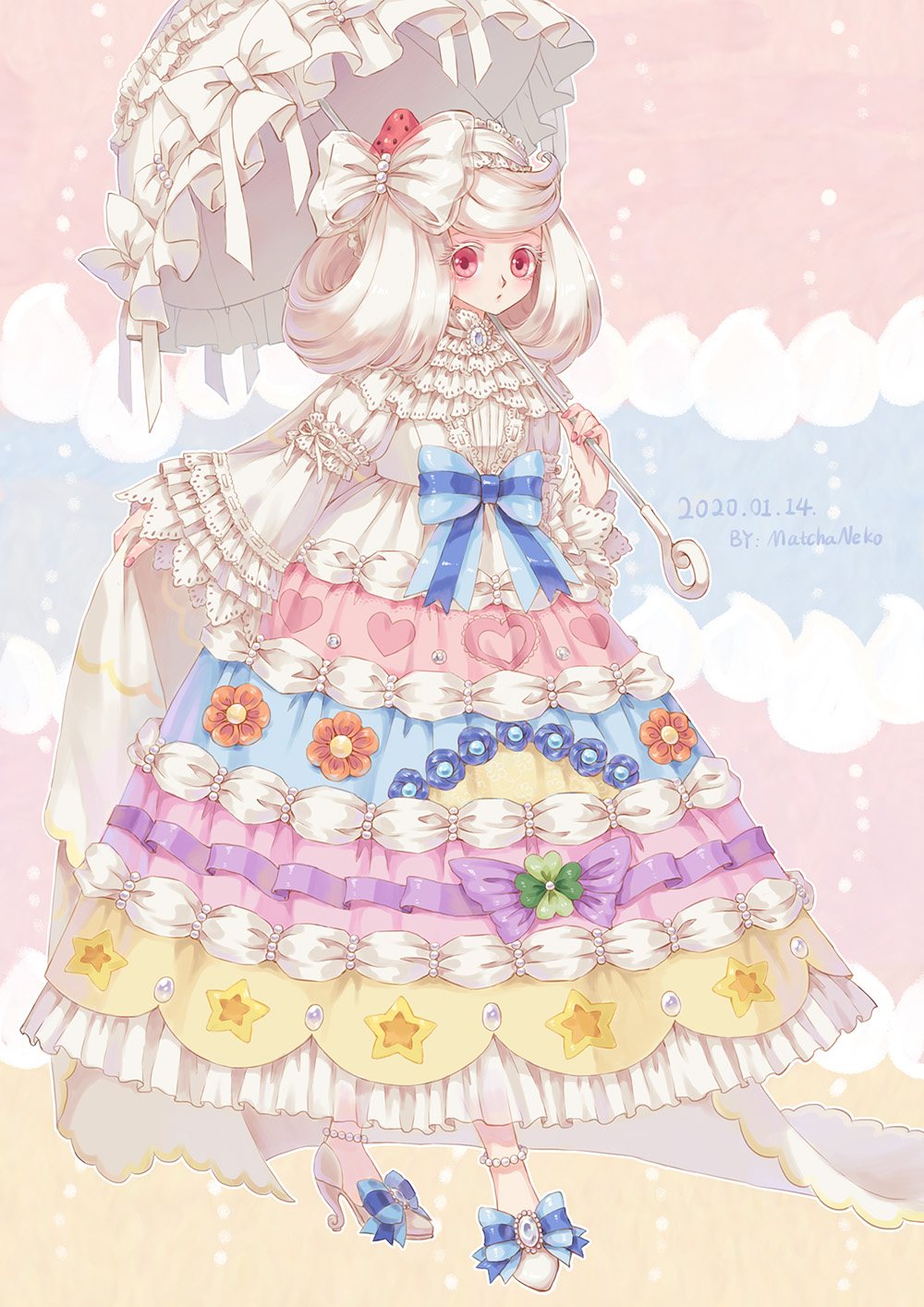 1girl alcremie anklet bangs blue_background blue_bow blush bow bow_footwear brooch cape cape_hold dress dress_flower eyelashes food food_themed_hair_ornament fruit full_body gen_8_pokemon hair_bow hair_ornament hair_rings hairband heart high_heels highres holding holding_umbrella jewelry juliet_sleeves lace-trimmed_sleeves layered_sleeves long_hair long_sleeves looking_at_viewer matchaneko multicolored multicolored_background nail_polish parasol pearl_(gemstone) personification pink_nails pokemon pokemon_(game) pokemon_swsh puffy_sleeves red_background red_eyes see-through solo standing star strawberry strawberry_hair_ornament striped striped_bow swept_bangs too_many umbrella white_bow white_cape white_footwear white_hair wide_sleeves yellow_background