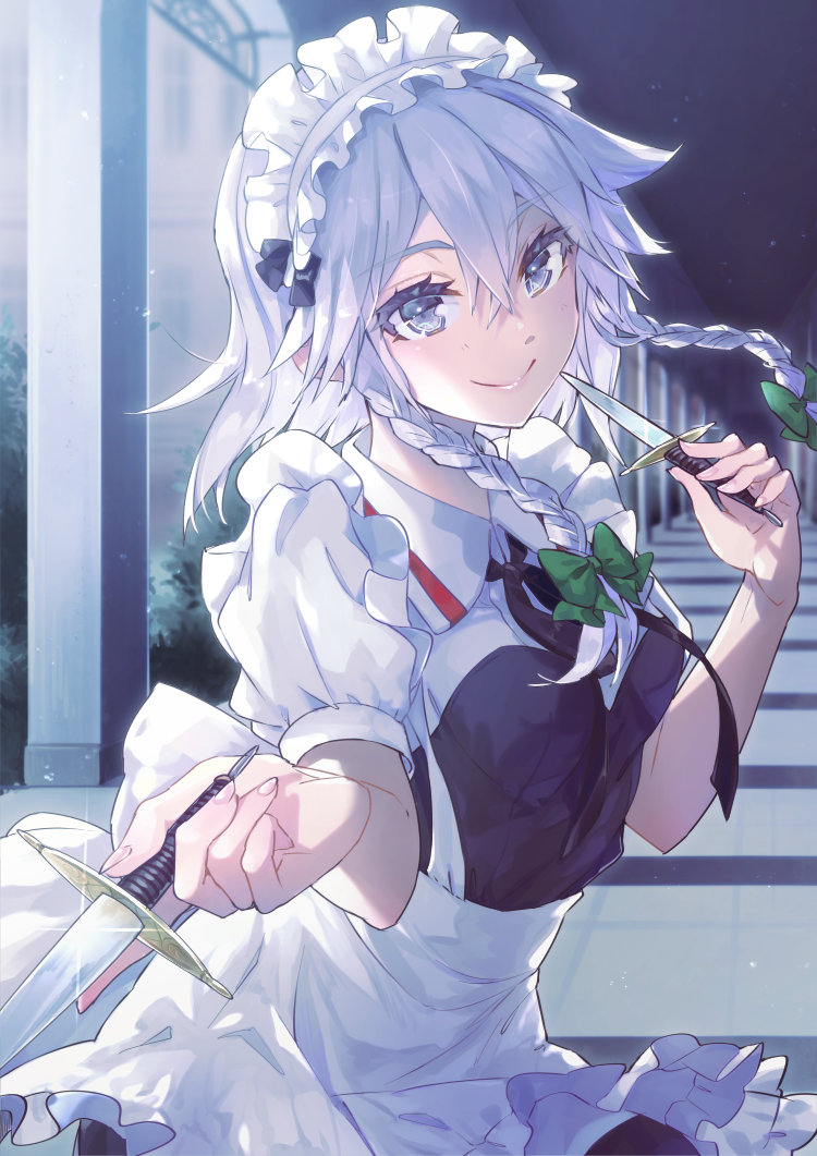 1girl apron bangs black_neckwear black_ribbon blue_dress blue_eyes bow braid breasts commentary_request cowboy_shot dress eyebrows_visible_through_hair frilled_apron frills glint green_bow hair_between_eyes hair_bow hand_up holding holding_knife holding_weapon indoors izayoi_sakuya knife looking_at_viewer maid maid_apron maid_headdress medium_breasts neck_ribbon puffy_short_sleeves puffy_sleeves ribbon shirt short_hair short_sleeves silver_hair smile solo syuri22 touhou twin_braids waist_apron weapon white_apron white_shirt