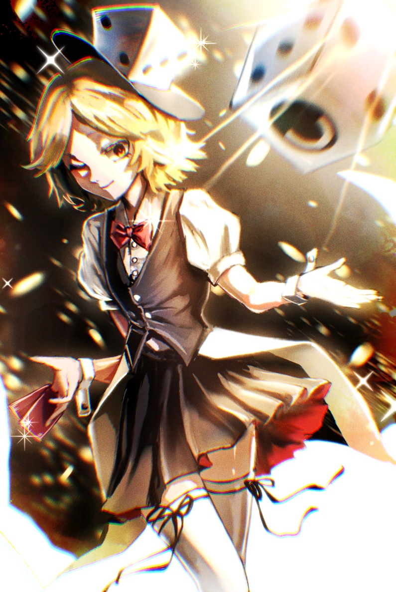1other androgynous blonde_hair bow bowtie card dice dice_hair_ornament hair_ornament len'en necktie playing_card puffy_short_sleeves puffy_sleeves short_hair short_sleeves silver_yes_yes skirt smile solo thigh-highs vest white_legwear xeno_a yellow_eyes