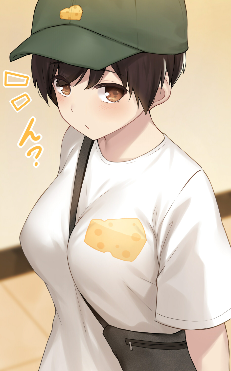 1girl bag bangs between_breasts blush breasts brown_eyes brown_hair cccpo cheese commentary_request eyebrows_visible_through_hair food green_headwear highres large_breasts looking_at_viewer original shirt short_hair short_sleeves strap_between_breasts tomboy translation_request white_shirt