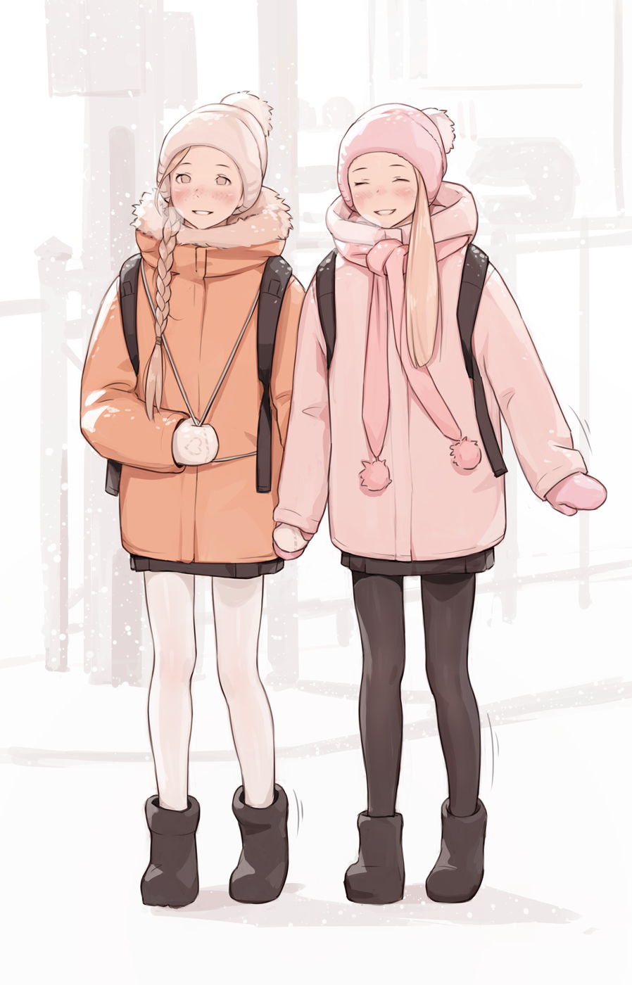 2girls bag black_legwear blonde_hair braid brown_eyes closed_eyes coat hat high_collar highres holding_hands long_hair looking_at_viewer luimiart mittens multiple_girls original outdoors pantyhose scarf simple_background smile snowing walking white_legwear