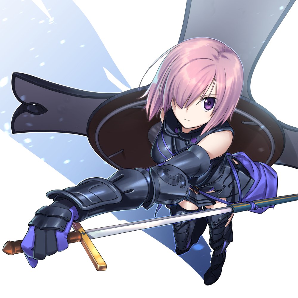 1girl armor armored_dress bangs black_dress black_footwear black_gloves closed_mouth commentary dress elbow_gloves fate/grand_order fate_(series) foreshortening gauntlets gloves greaves hair_over_one_eye holding holding_shield holding_sword holding_weapon ikezawa_shin light_frown mash_kyrielight ortenaus purple_hair reverse_grip shadow shield short_dress short_hair sleeveless sleeveless_dress solo sword violet_eyes weapon