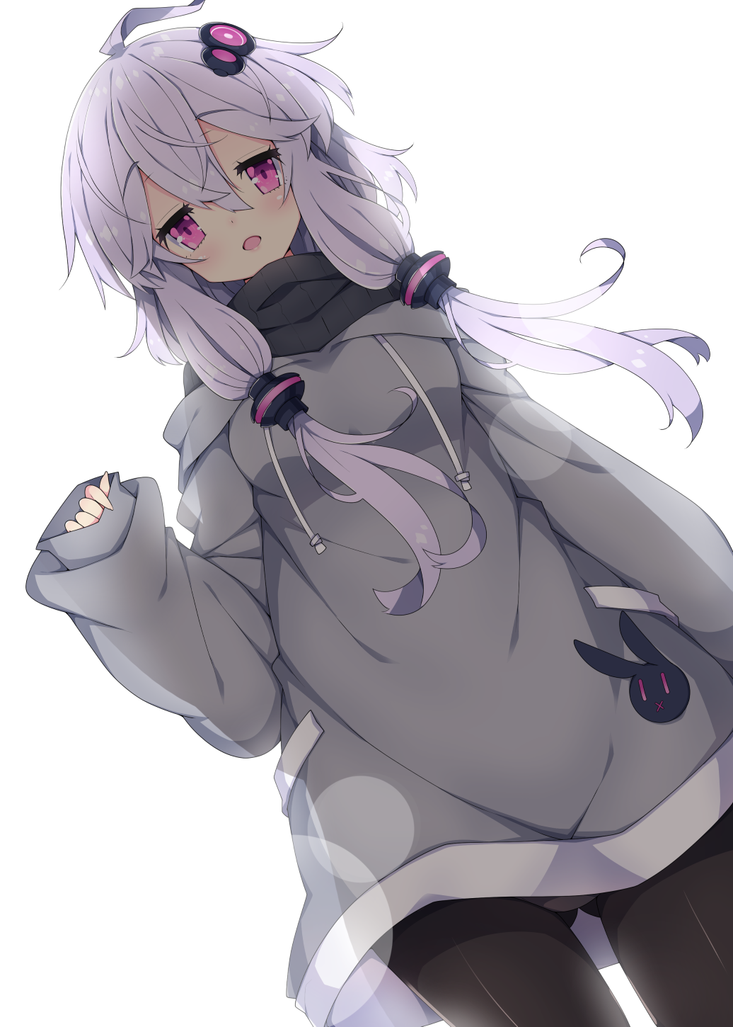 1girl ahoge bangs black_legwear blush commentary_request drawstring dutch_angle eyebrows_visible_through_hair grey_hoodie hair_between_eyes hair_ornament hand_up highres hood hood_down hoodie long_hair long_sleeves looking_at_viewer milkpanda open_mouth pantyhose purple_hair sidelocks simple_background sleeves_past_wrists solo violet_eyes voiceroid white_background yuzuki_yukari