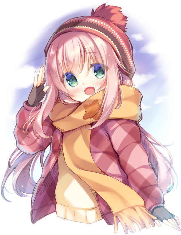 1girl :d bangs beanie black_gloves blush brown_jacket brown_scarf brown_sweater clouds commentary_request cropped_torso day down_jacket eyebrows_visible_through_hair fingerless_gloves fringe_trim gloves green_eyes hair_between_eyes hand_up hat head_tilt jacket kagamihara_nadeshiko long_hair long_sleeves looking_at_viewer open_clothes open_jacket open_mouth pink_hair red_headwear scarf sidelocks smile solo sweater upper_body very_long_hair yukie_(peach_candy) yurucamp
