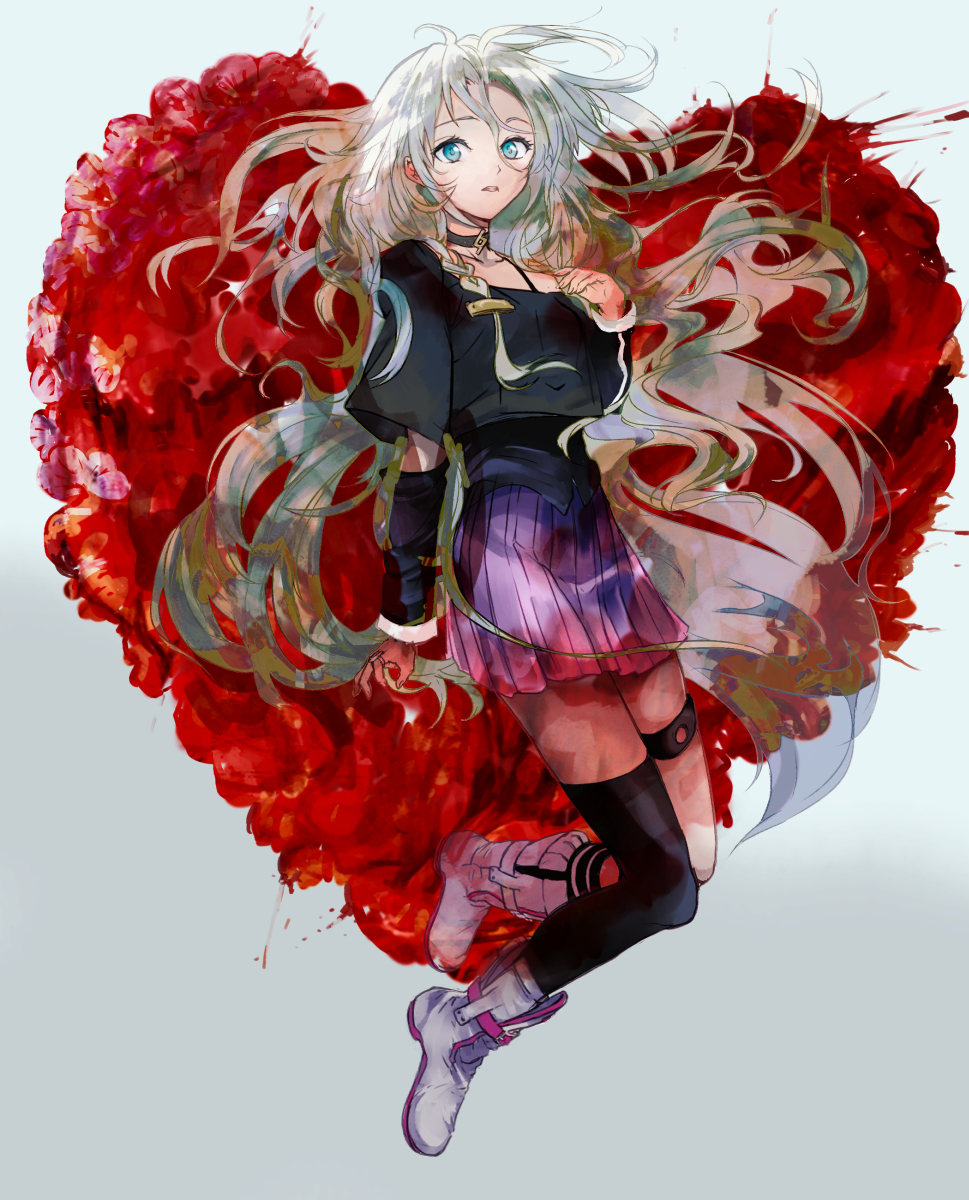 1girl andedalive arm_warmers asymmetrical_legwear black_legwear black_shirt blue_eyes boots braid cevio collar commentary english_commentary expressionless full_body hand_up heart heart_background highres ia_(vocaloid) legs_up long_hair looking_at_viewer off-shoulder_shirt off_shoulder parted_lips pink_skirt platinum_blonde_hair pleated_skirt shirt single_thighhigh skirt solo thigh-highs very_long_hair vocaloid white_footwear