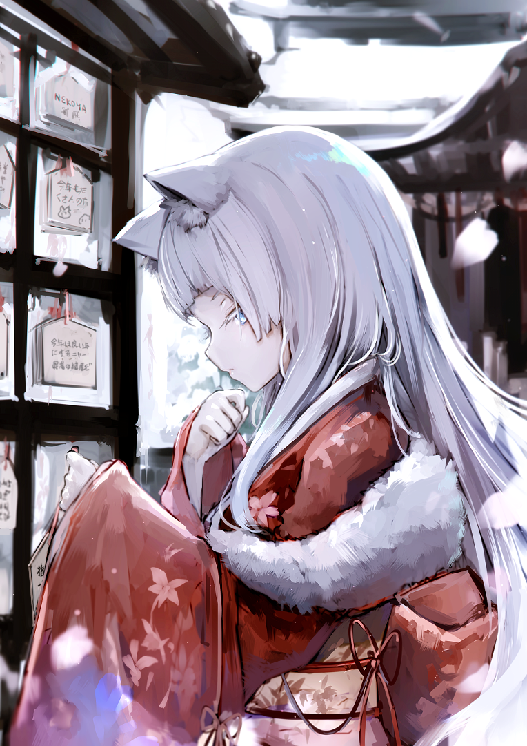 1girl awp_(girls_frontline)_(dyolf) blue_eyes blurry blurry_background closed_mouth colored_eyelashes commentary_request depth_of_field dyolf ema floral_print fur-trimmed_kimono fur_trim girls_frontline holding japanese_clothes kimono long_hair long_sleeves obi original print_kimono profile red_kimono sash sleeves_past_wrists solo upper_body white_hair wide_sleeves