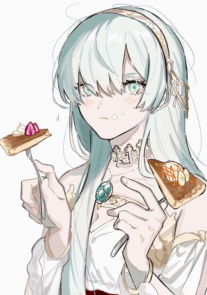 1girl anastasia_(fate/grand_order) dual_wielding eating fate/grand_order fate_(series) food food_on_face fork hairband holding jewelry long_hair maniwa pancake pendant silver_hair