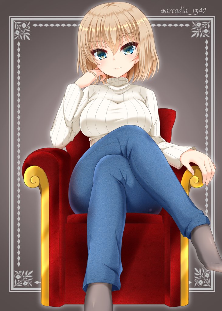 1girl armchair bangs blonde_hair blue_eyes blue_pants breasts chair chin_rest closed_mouth commentary_request crossed_legs denim eyebrows_visible_through_hair girls_und_panzer grey_legwear jeans katyusha_(girls_und_panzer) large_breasts long_sleeves looking_at_viewer older on_chair pants ribbed_shirt ryochapu shirt short_hair sitting smile socks solo turtleneck twitter_username