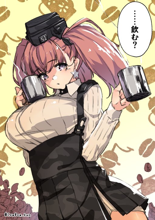 1girl atlanta_(kantai_collection) black_skirt breasts brown_hair coffee_bean_background coffee_beans commentary_request cowboy_shot cup earrings garrison_cap gloves gradient gradient_background grey_eyes hat high-waist_skirt jewelry kantai_collection koubou_(cowbow_kun) large_breasts long_hair long_sleeves looking_at_viewer mug partly_fingerless_gloves shirt skirt solo star star_earrings suspender_skirt suspenders translation_request two_side_up white_shirt yellow_background