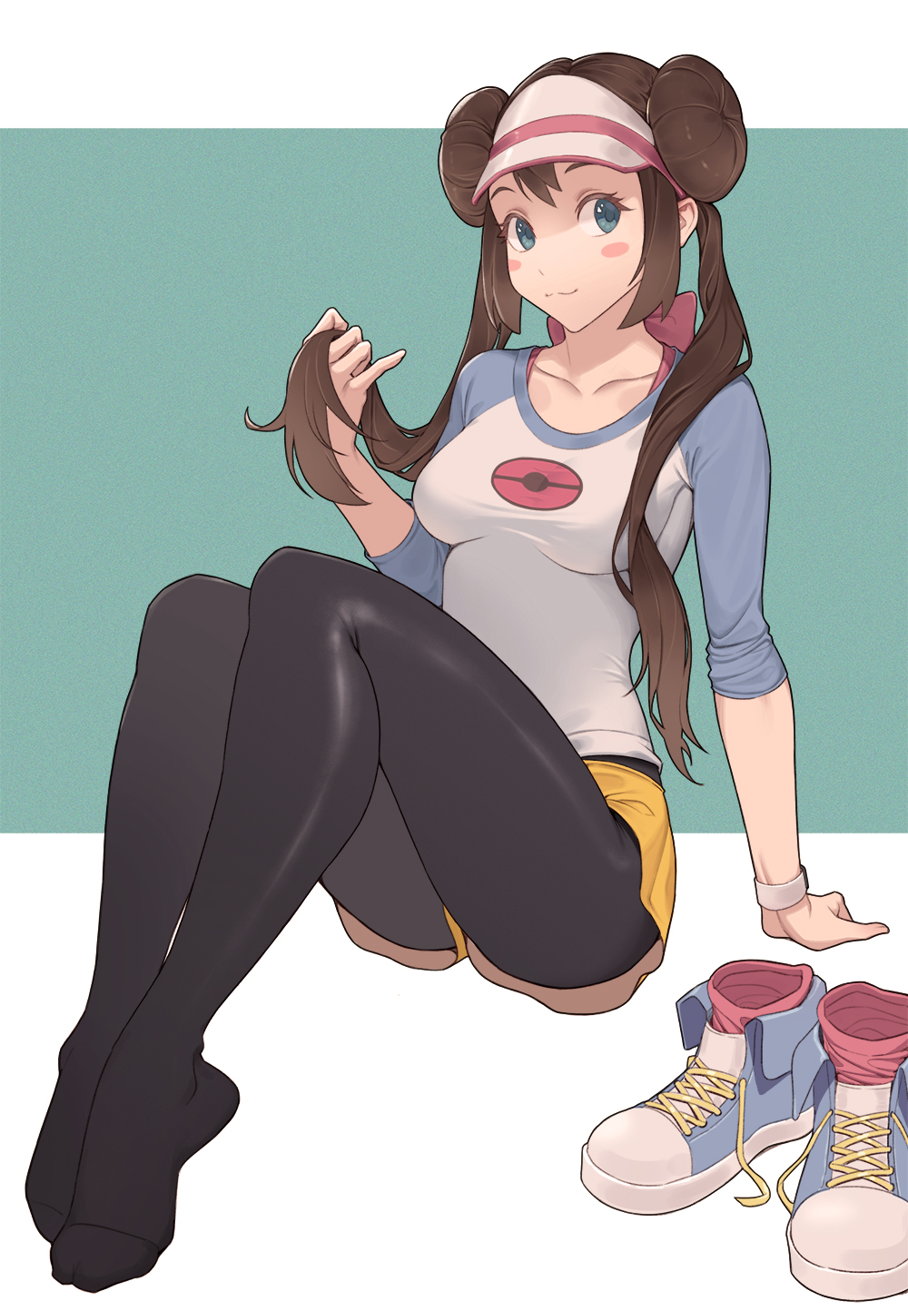 1girl ass black_legwear blush breasts brown_hair cheshirrr closed_mouth commentary double_bun feet green_eyes hat highres legs legwear_under_shorts long_hair looking_at_viewer mei_(pokemon) pantyhose poke_ball pokemon pokemon_(game) pokemon_bw2 raglan_sleeves shirt shoes_removed shorts smile solo twintails visor_cap