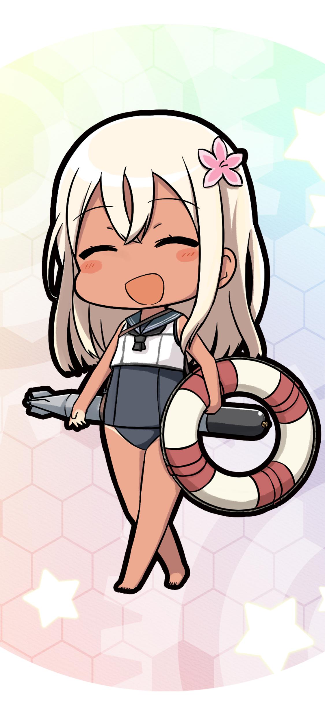 1girl absurdres bangs blonde_hair blush chibi closed_eyes commentary crop_top engiyoshi eyebrows_visible_through_hair flower full_body hair_flower hair_ornament highres holding kantai_collection lifebuoy long_hair nontraditional_school_swimsuit one-piece_swimsuit one-piece_tan open_mouth ro-500_(kantai_collection) sailor_collar school_swimsuit school_uniform serafuku simple_background smile solo swimsuit swimsuit_under_clothes tan tanline torpedo